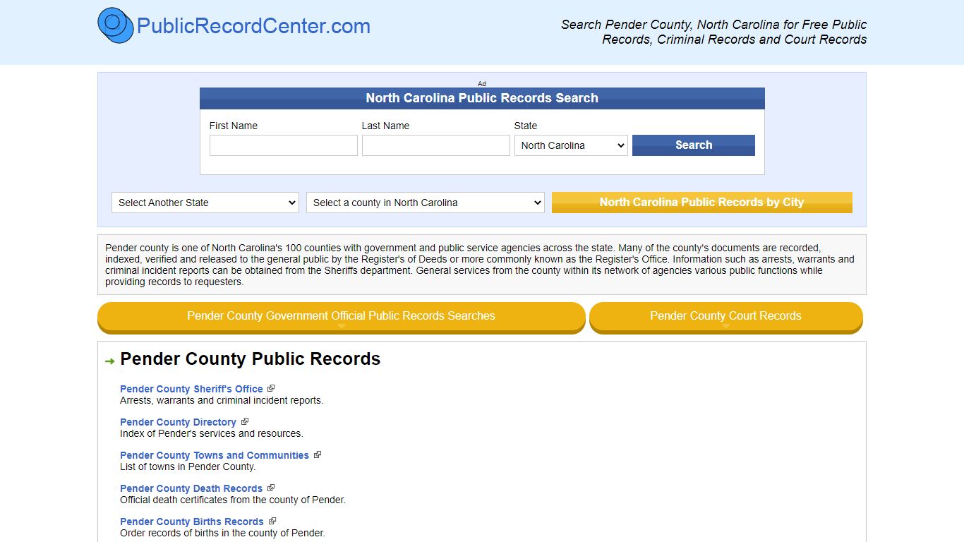 Pender County North Carolina Free Public Records - Court ...